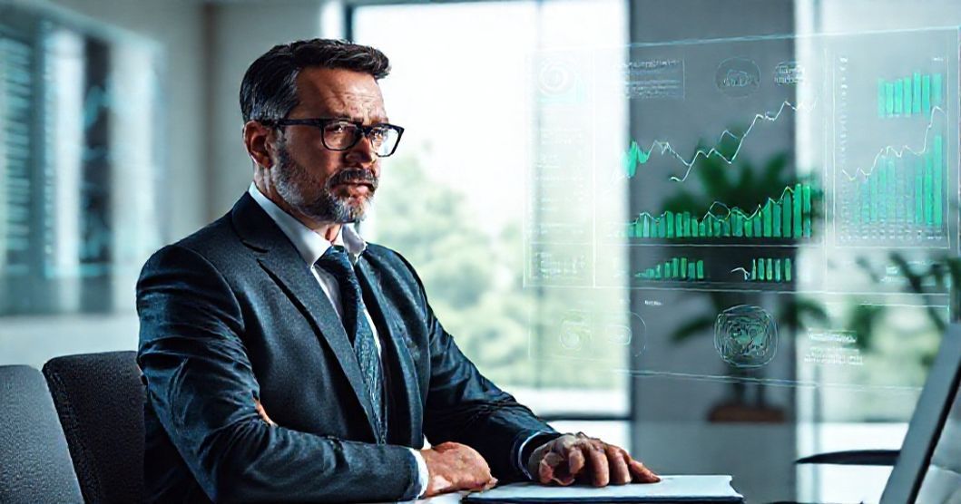 Profissional analisando painel digital com gráficos de fluxo de caixa, simbolizando gestão financeira inteligente e estratégica para empresas através de BPO Financeiro.