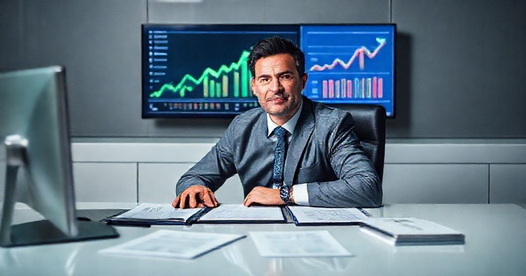 Profissional em escritório moderno utilizando ferramentas digitais para controle financeiro, otimizando a saúde financeira de empresas.