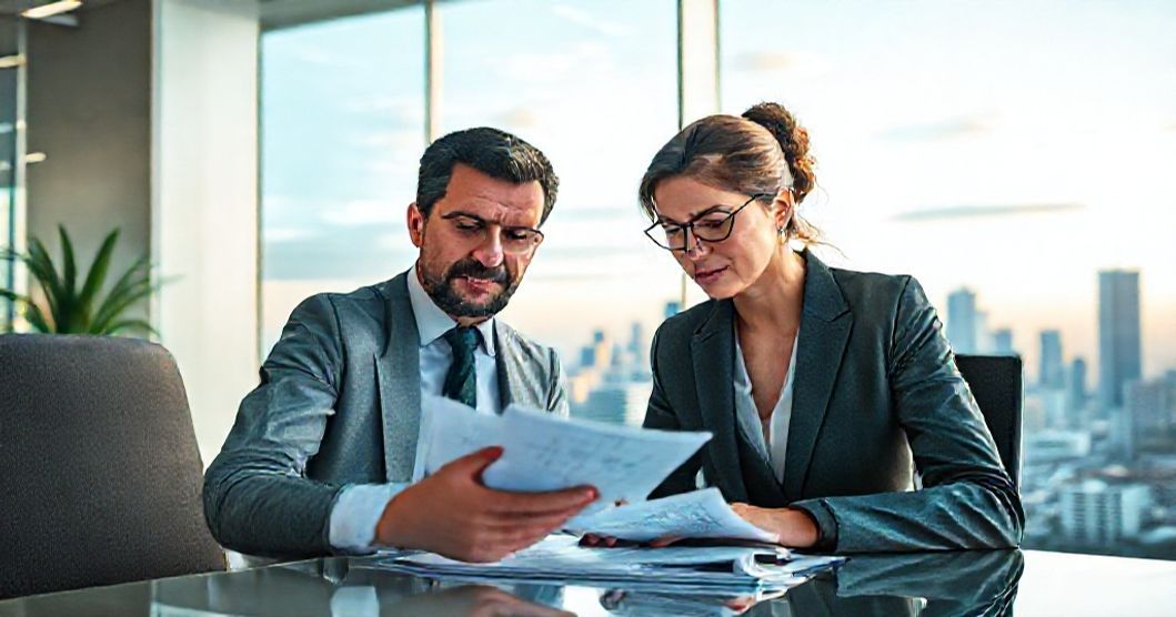Profissionais de negócios revisando gráficos de planejamento financeiro em tela interativa, representando a otimização de futuro para empresas através de gestão estratégica e BPO Financeiro.