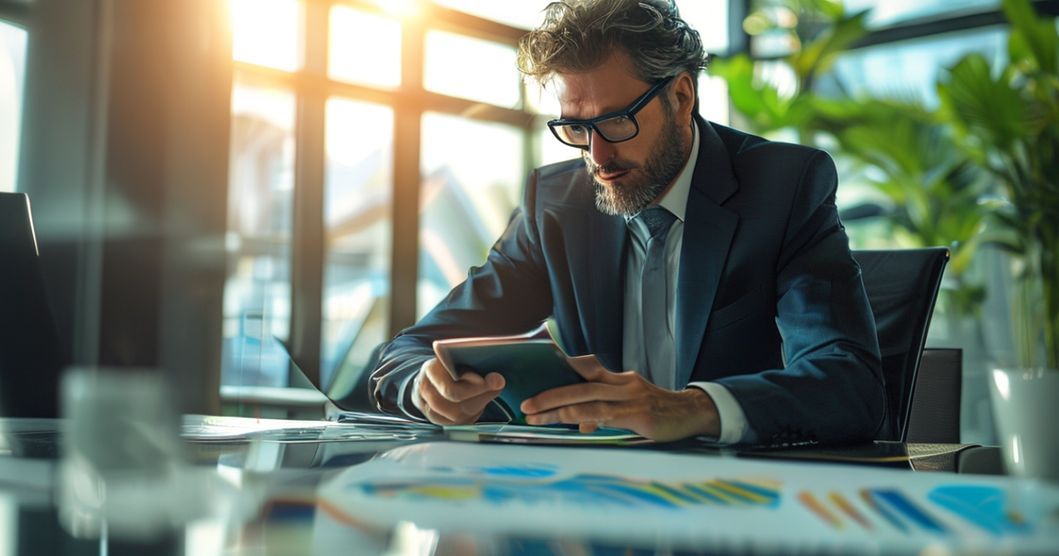 Profissional de BPO financeiro analisando um orçamento empresarial em um tablet, planejando o sucesso e o crescimento de uma empresa.